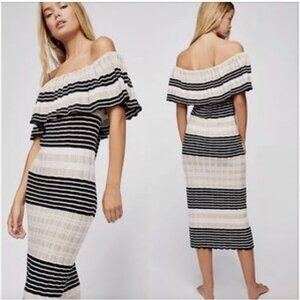 Free People Off Duty Knit Maxi Dress Womens Large Striped Ivory